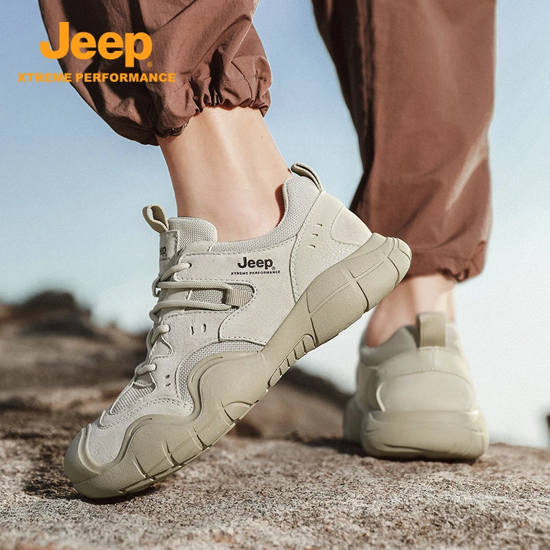 JEEP吉普男鞋2025夏季新款户外防滑透气网面休闲鞋真皮运动登山鞋