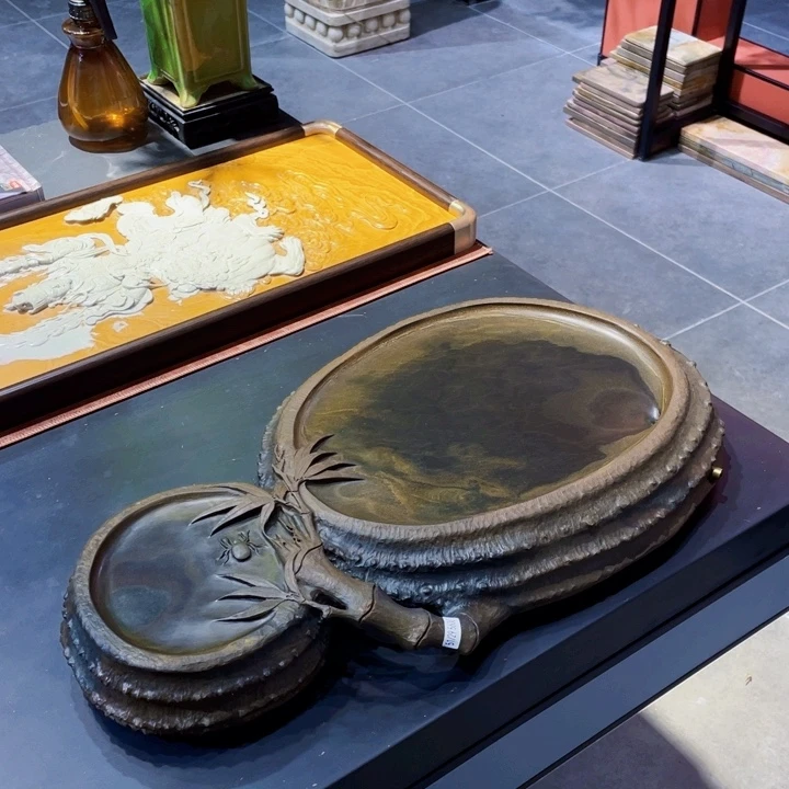 歙砚茶盘喜从天降竹子