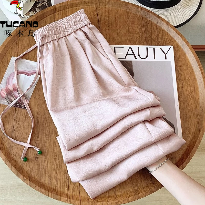 醋酸缎面印花阔腿裤女夏季2025新款防晒裤垂感冰丝国风凉凉直筒裤