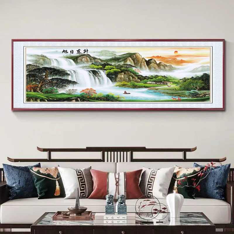 浮雕描金旭日东中式客厅装饰山水挂画办公室字画国画沙发背景客厅