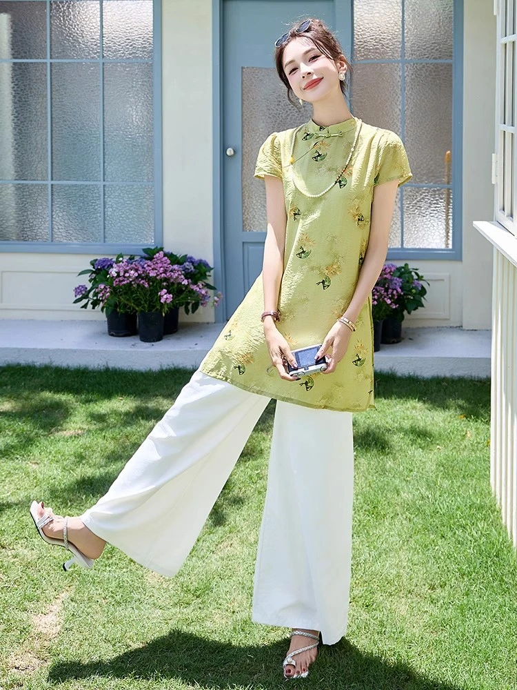 2025新款夏季新中式国风阔太太裤子复古气质印花盘扣阔腿裤套装