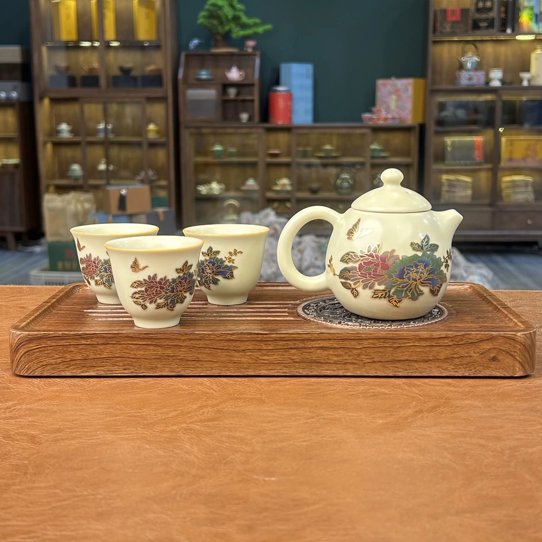 ZH2246-黄汝牡丹变色龙蛋壶+3个黄汝牡丹变色品茗杯+茶盘