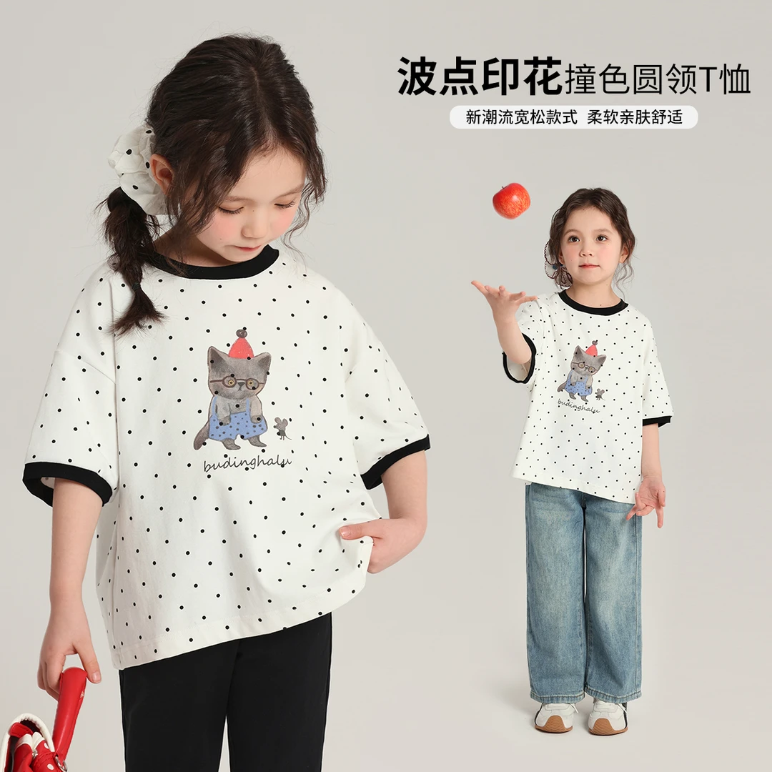 布丁哈鲁【小毛孩】2025夏款女童休闲撞色波点猫咪宽松T恤G52TW018