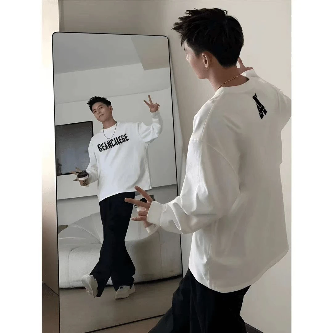 【260g重磅纯棉】美式复古字母印花长袖T恤男女休闲百搭宽松上衣衫