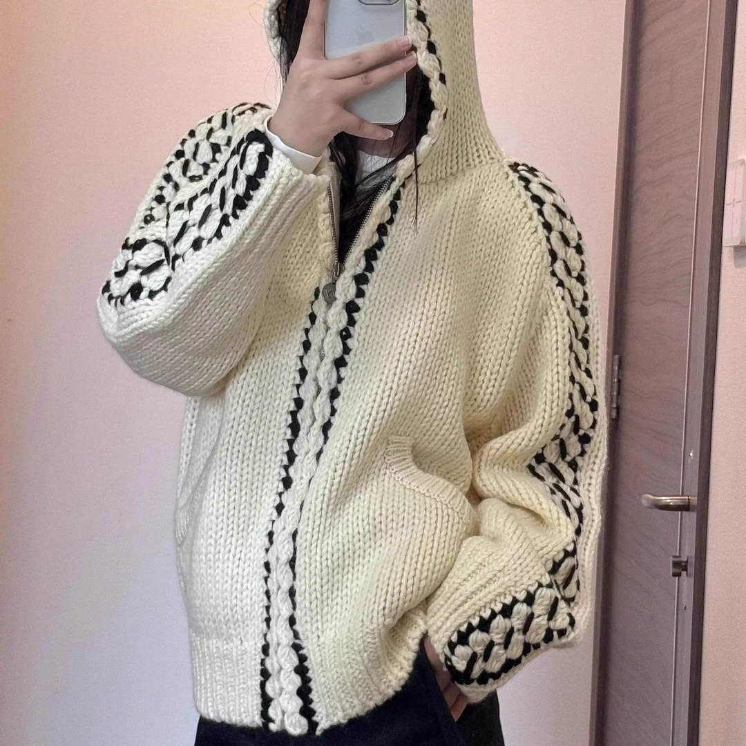 25秋冬新款open休闲百搭宽松羊毛连帽针织开衫麻花编织毛衣外套