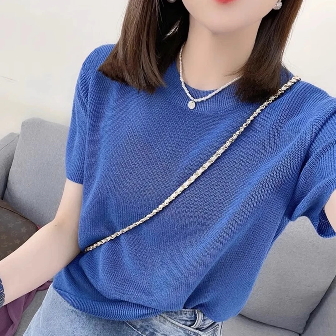 新款圆领设计套头气质百搭宽松显瘦短袖T恤女小众黄色针织衫上衣