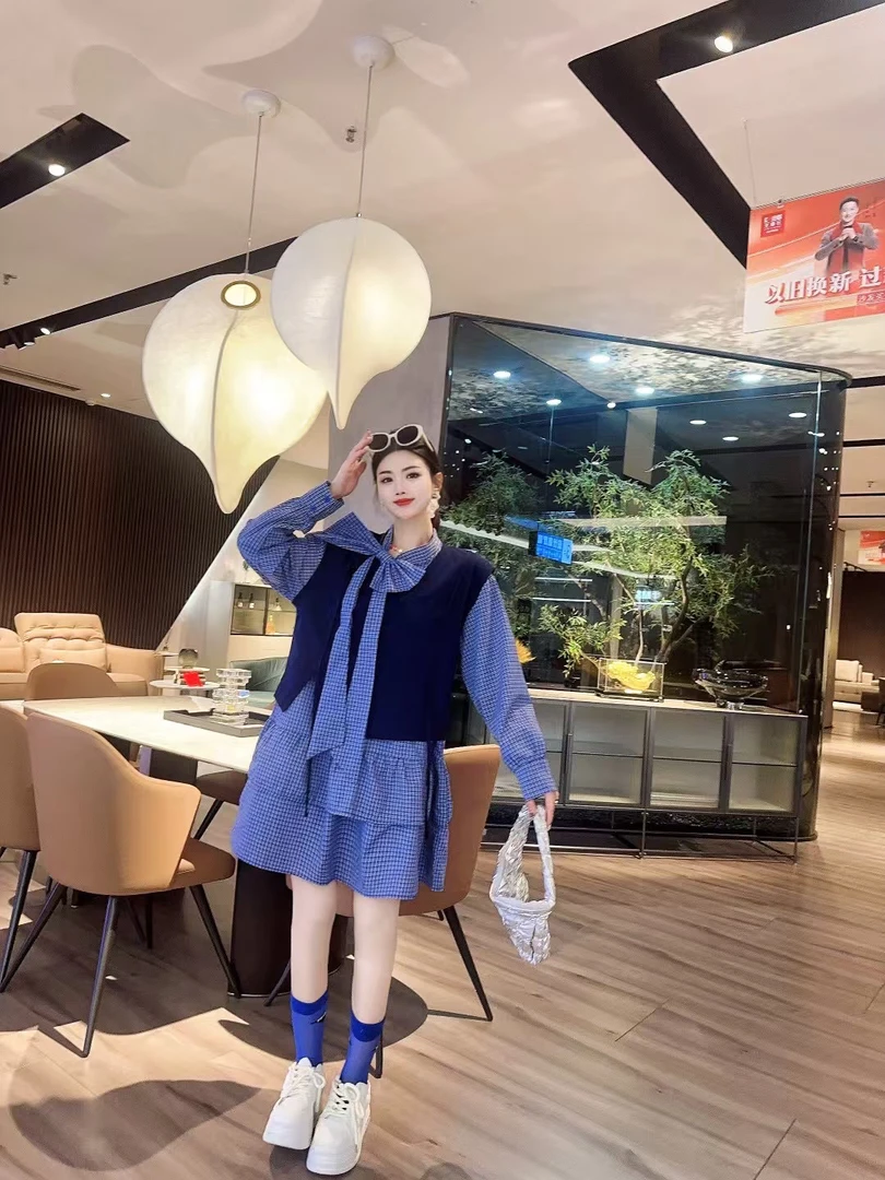 开春穿搭蓝格子长袖连衣裙马甲套装女2025春季新款衬衫裙子两件套
