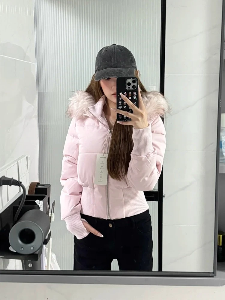 粉色甜美毛领连帽棉服女2025冬季新款高级感收腰显瘦加厚保暖外套