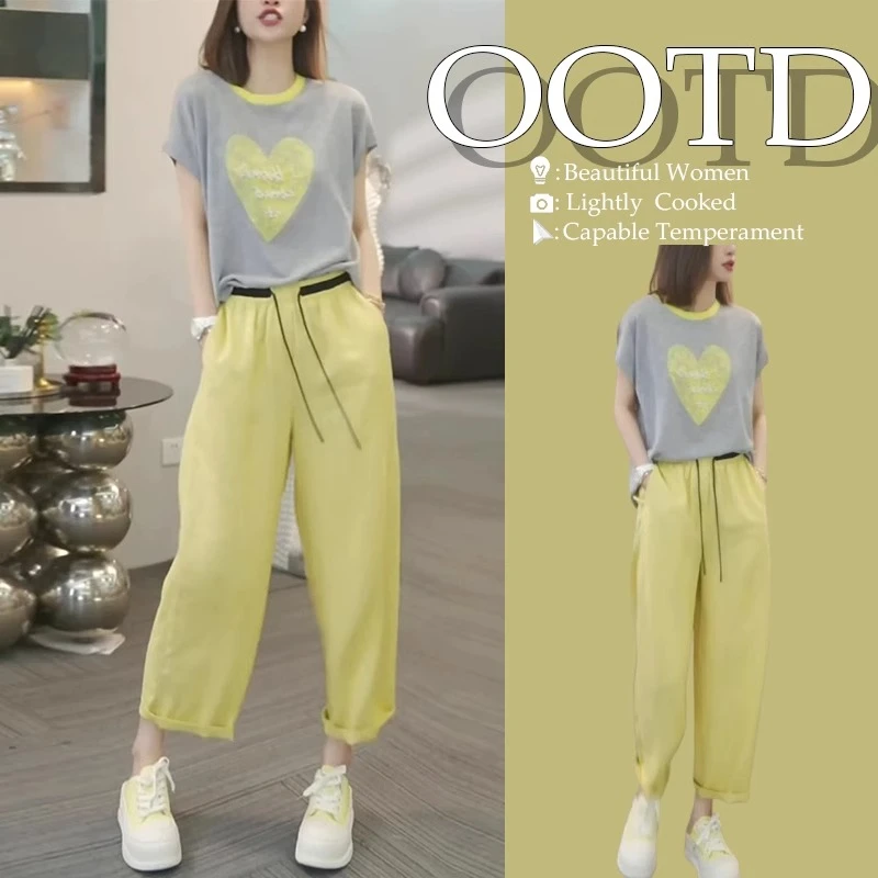 小个子穿搭一整套巨好看的夏装套装休闲百搭爱心上衣阔腿裤两件套