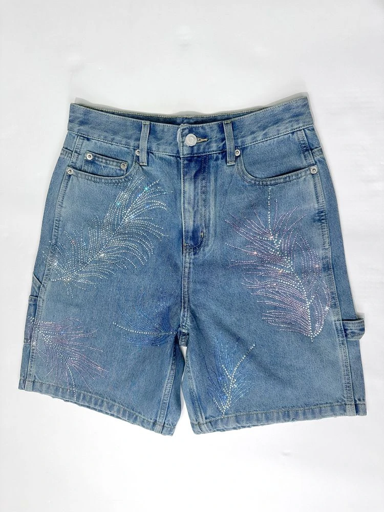 【063】欧货重工高街复古潮流烫钻爆闪闪羽毛高腰5分牛仔短裤女
