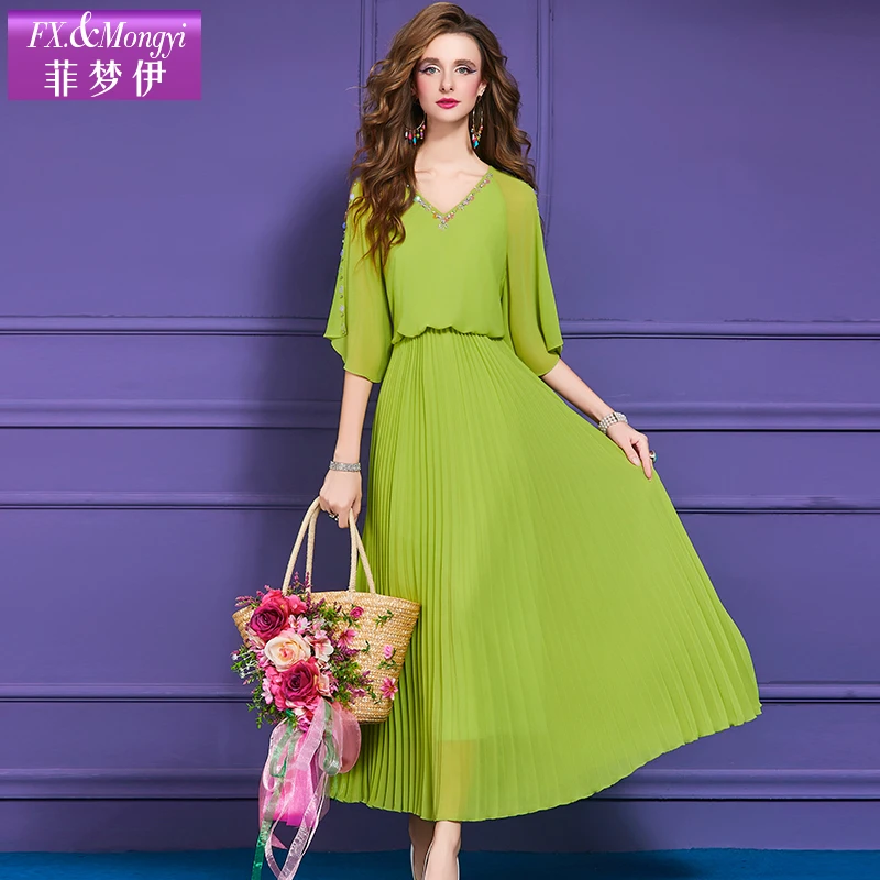 菲梦伊钉珠绿色女夏装时尚洋气设计感露肩超仙百褶连衣裙 65590
