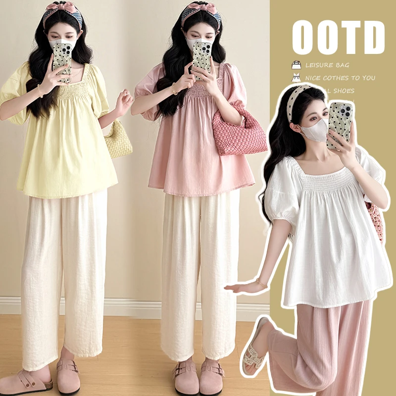 2025夏季新款孕妇装法式方领可两穿褶皱甜美减龄娃娃衫上衣