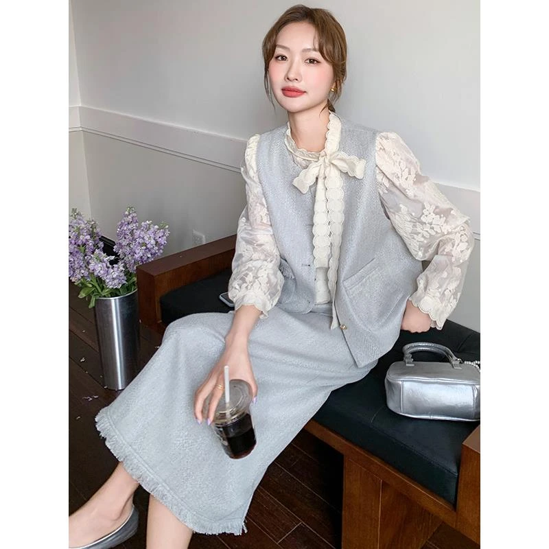 气质名媛小香风马甲半裙三件套女2025春夏新款韩剧氛围感穿搭套装