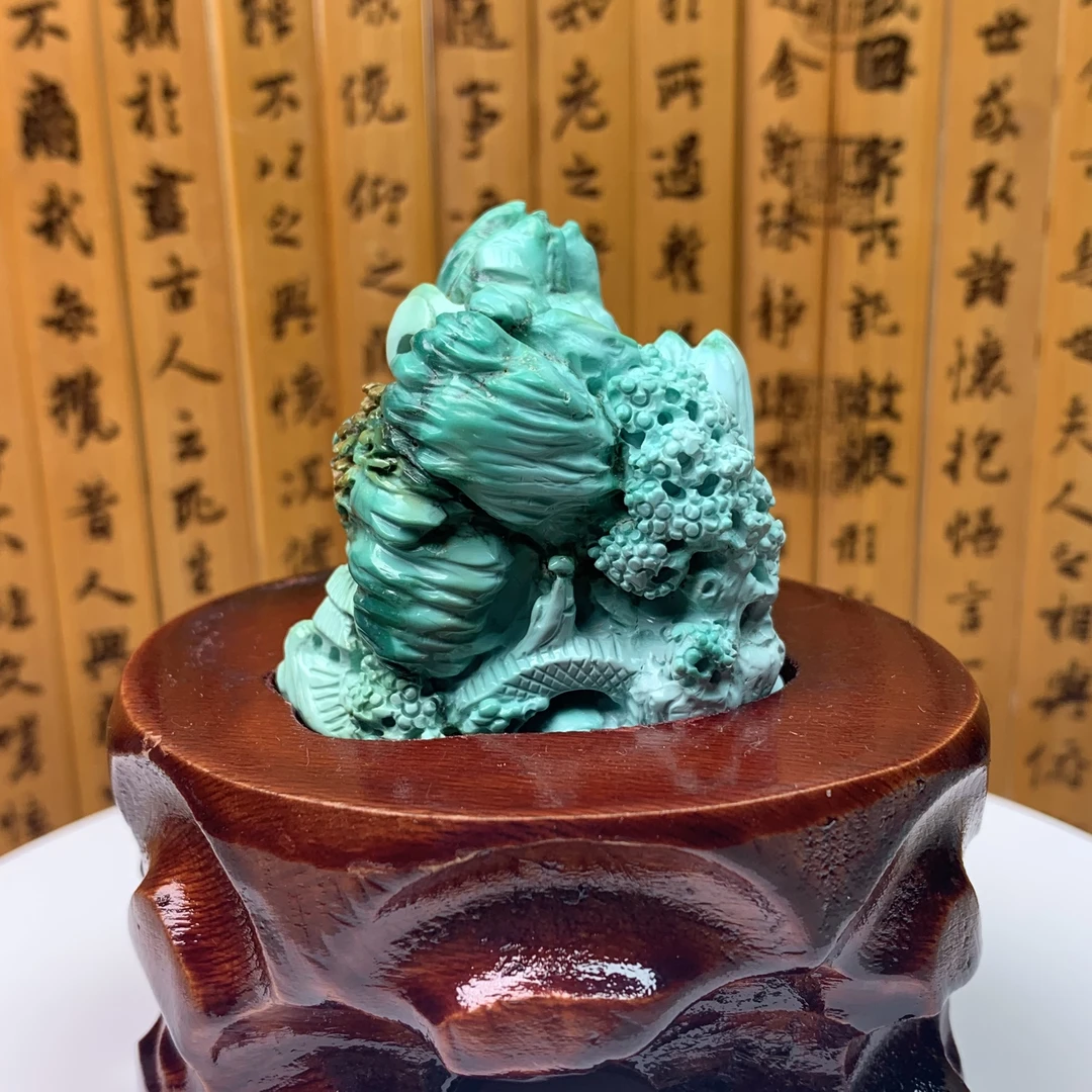 湖北天然原矿绿松石文房精品精工巧雕山水意境小摆件手把件摆案