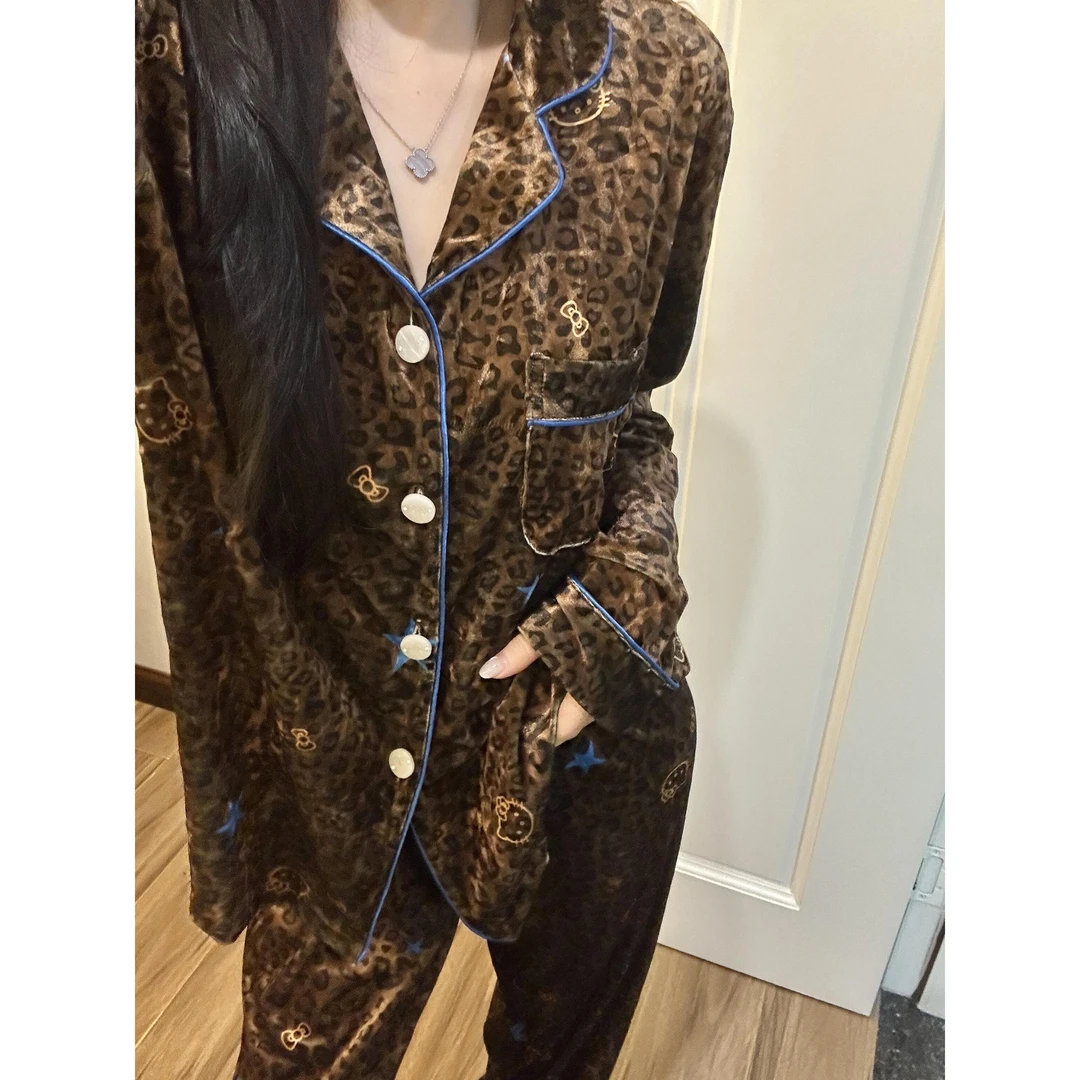 《美拉德豹纹》韩版亲肤金丝绒凯蒂猫高端睡衣女秋季家居服两件套