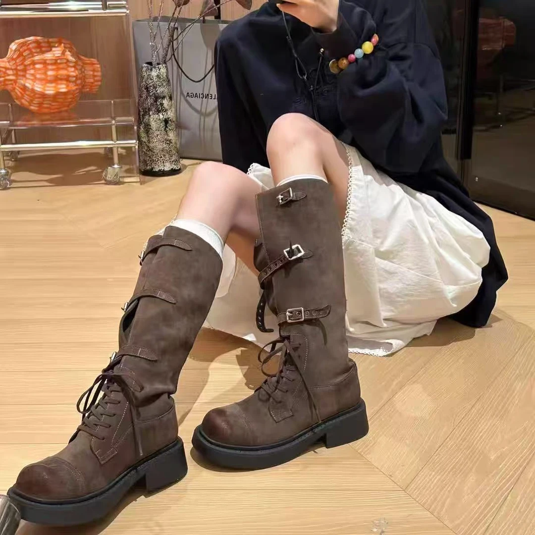 复古厚底长筒靴女2025秋季新款皮带扣骑士靴不过膝两穿靴子高筒靴