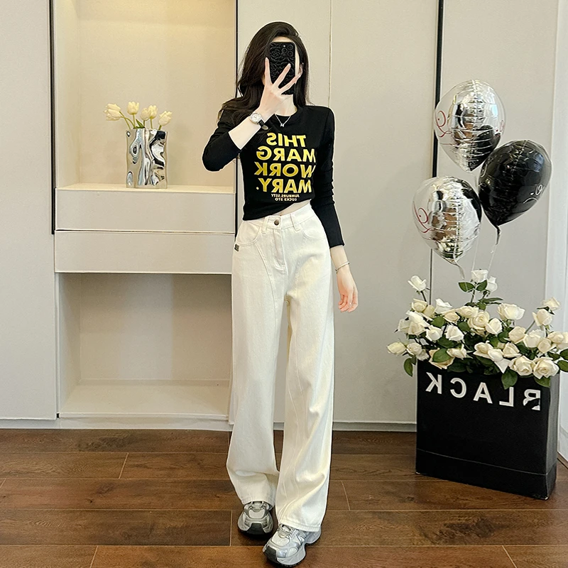 美式辣妹修身圆领长袖t恤套装女2025春秋新款宽松牛仔长裤两件套