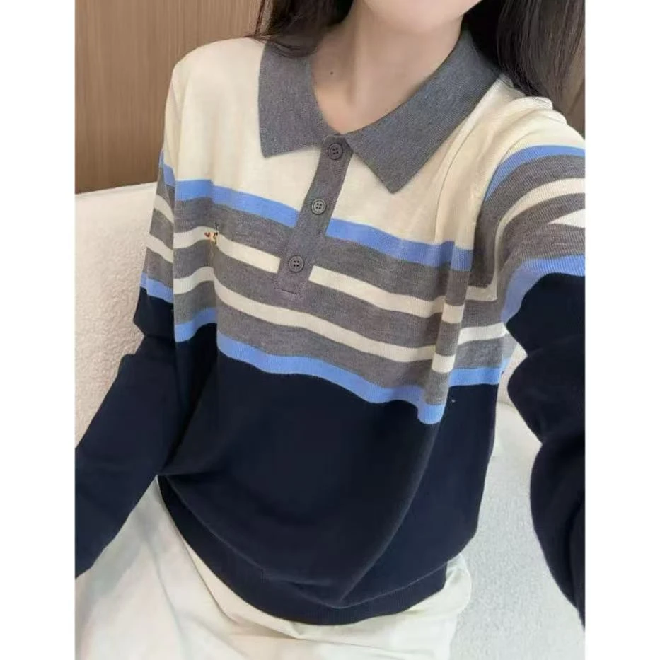 丽丽家~条纹狗长袖时尚百搭宽松条纹翻领撞色秋季上衣