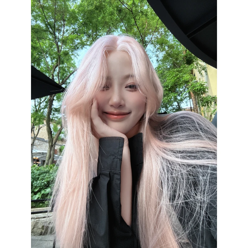 粉灰Pink【呼吸·免发网全头套】粉灰色高层次长直发进口丝蕾丝假发
