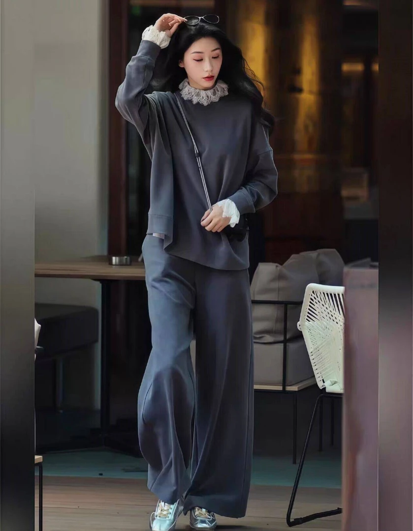 欧货休闲时尚套装女秋季2025新款气质减龄蕾丝拼接长袖直筒阔腿裤