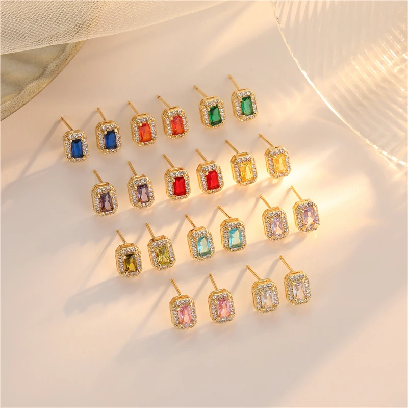 黄铜锆石耳饰 欧美气质小方糖银针耳钉女14K包金锆石简约小众耳饰