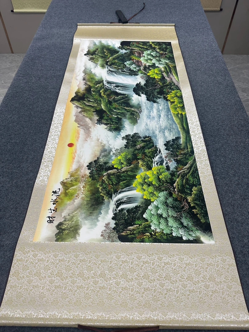 精装180*70 横幅 《流水生财》数字高清微喷卷轴画