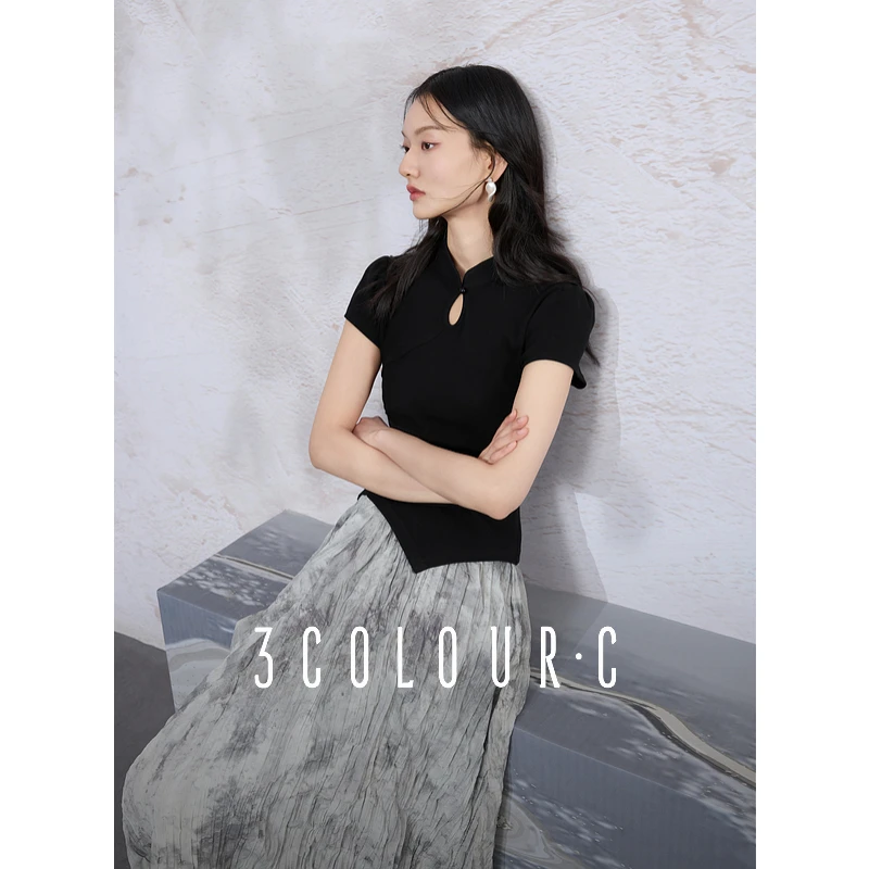 三彩【南风知意】2025春季新款新中式T恤立领镂空上衣不对称C