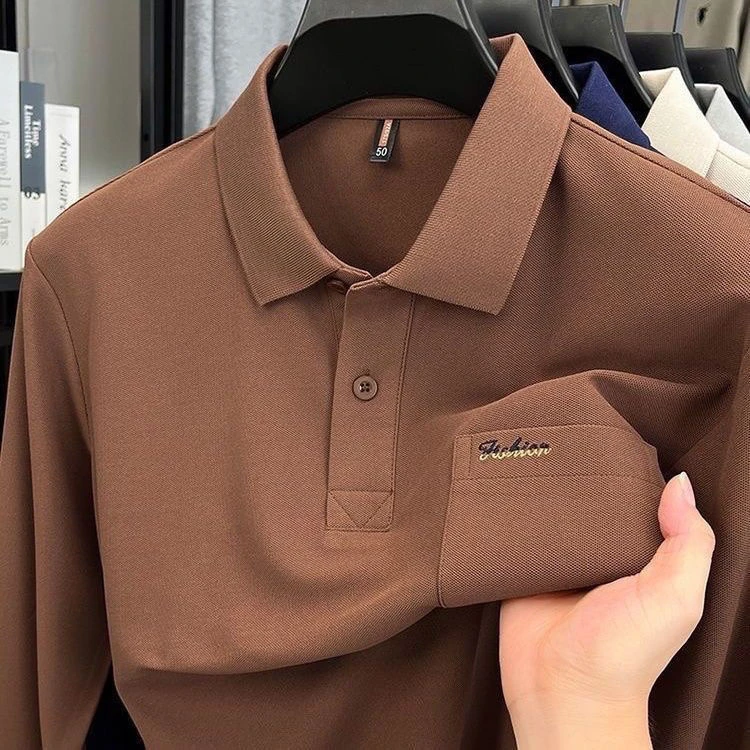 2025男士春秋款爆款口袋刺绣宽松POLO休闲翻领长袖商务T恤上衣