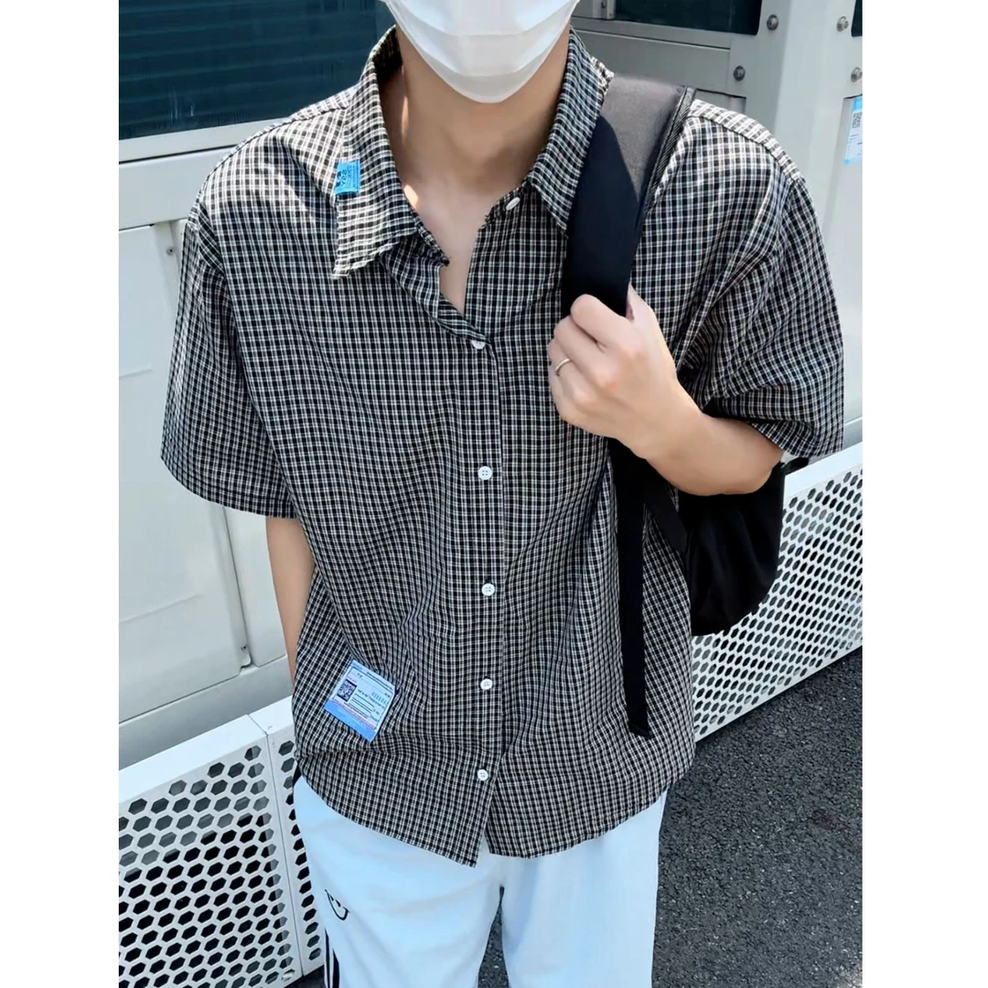 夏季衬衫复古宽松潮流休闲短袖格子衬衫男士百搭情侣款衬衣ins