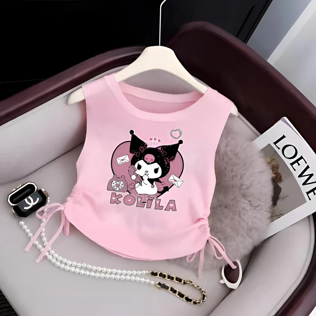 夏季女童洋气抽绳卡通背心女宝宝爆款薄款夏装小女孩无袖T恤上衣