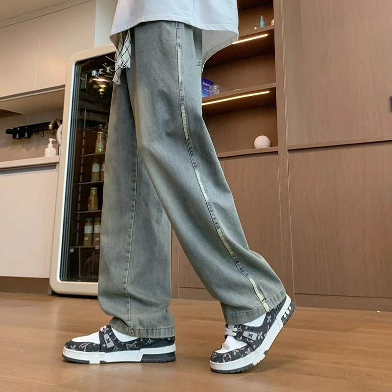 春秋季牛仔裤男孩高中初中学生宽松直筒阔腿裤大童男装休闲长裤子