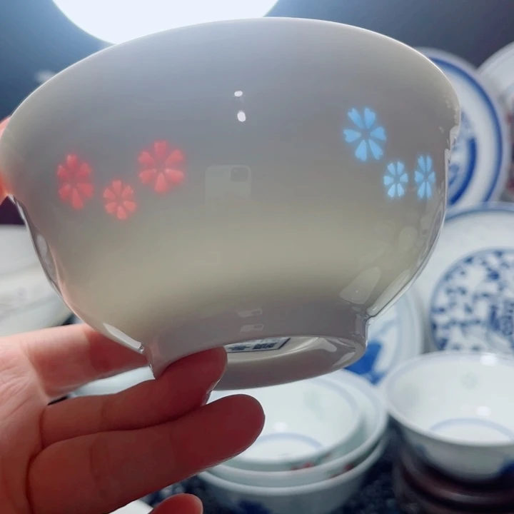 青花玲珑5寸饭碗三星花彩玲珑
