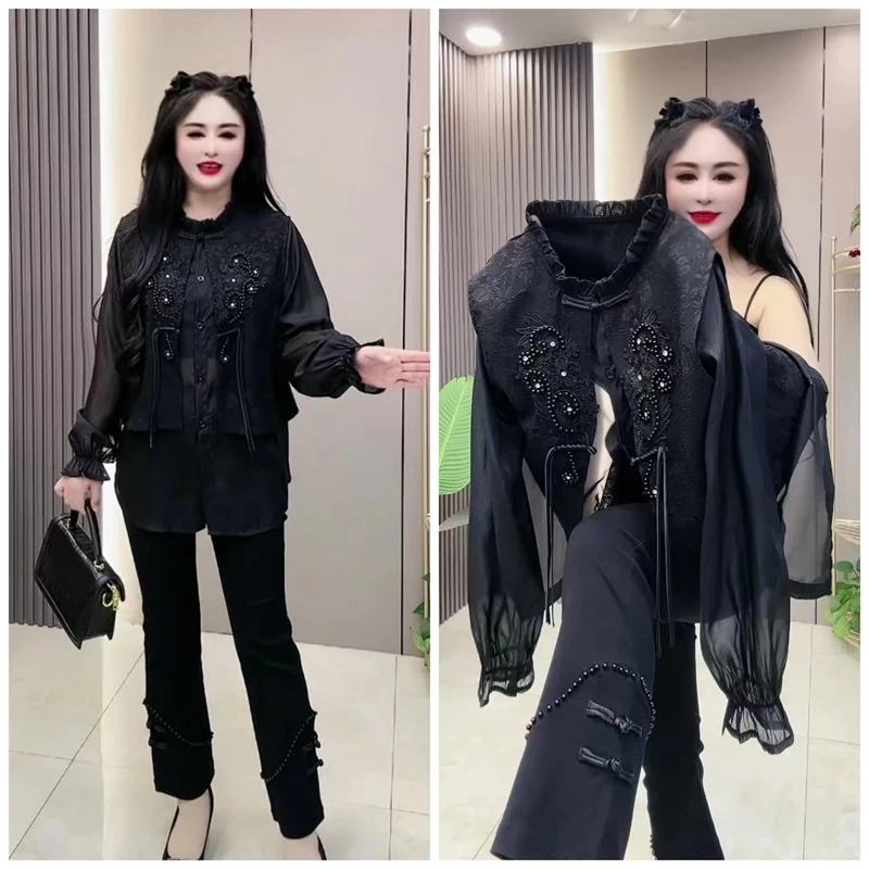 胖mm大码新中式国风套装2025春季盘扣雪纺拼接外套长裤显瘦两件套