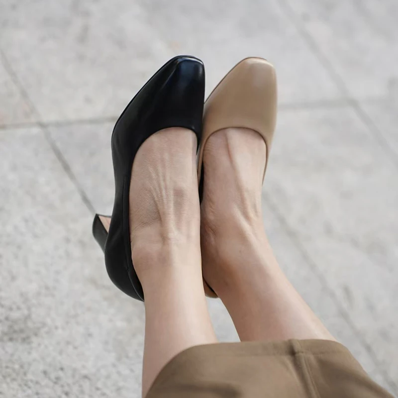 壹家shoes060008羊皮6cm粗跟单鞋女极简风通勤高跟鞋春款上新女鞋