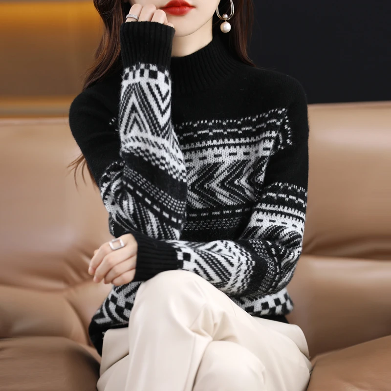 【重磅加厚】新款100%纯羊绒衫女士半高领套头拼色羊绒衫针织打底衫