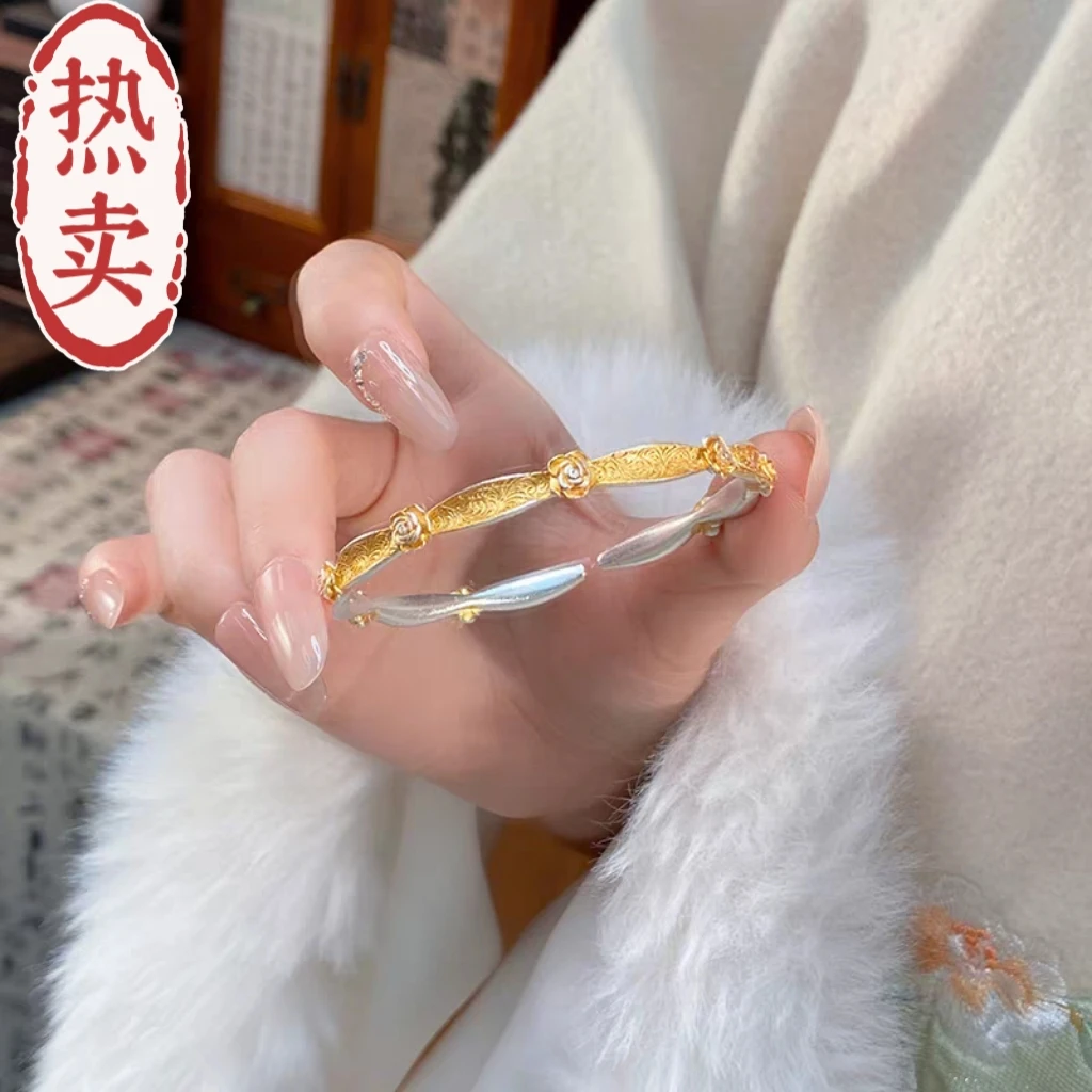 足银手镯 10号-描金玫瑰花【开口】手镯/凤凰