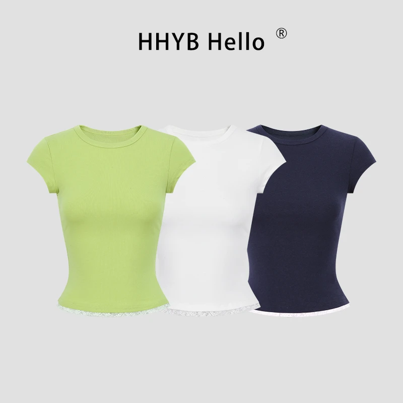 HHYB Hello蕾丝花边拼接短袖T恤女2025新款小众设计感上衣250435