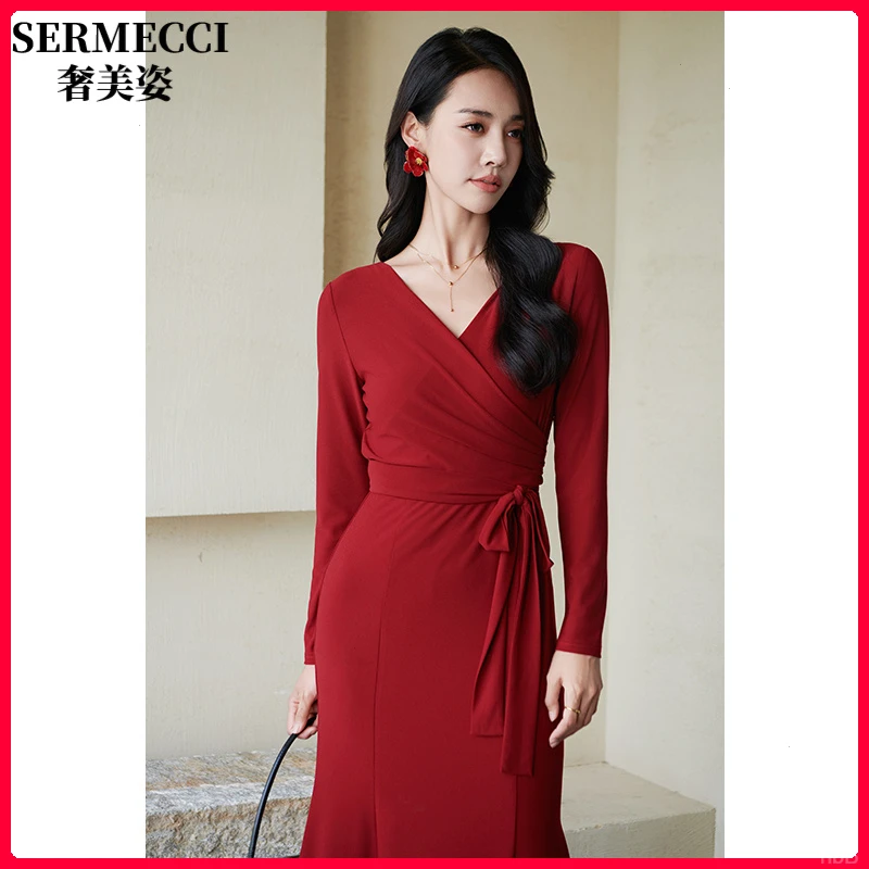 气质秋季红色洋装打底内搭新年战袍礼服长裙收腰显瘦2025新款
