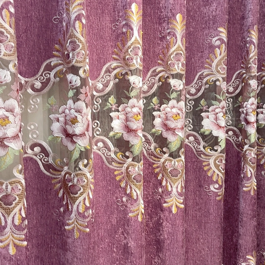 紫色双面雪尼尔牡丹绣花小镂空客厅阳台卧房窗帘