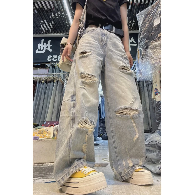 蓝色牛仔裤女士2025夏季新款爆款裤子显瘦长裤高腰破洞阔腿裤时尚