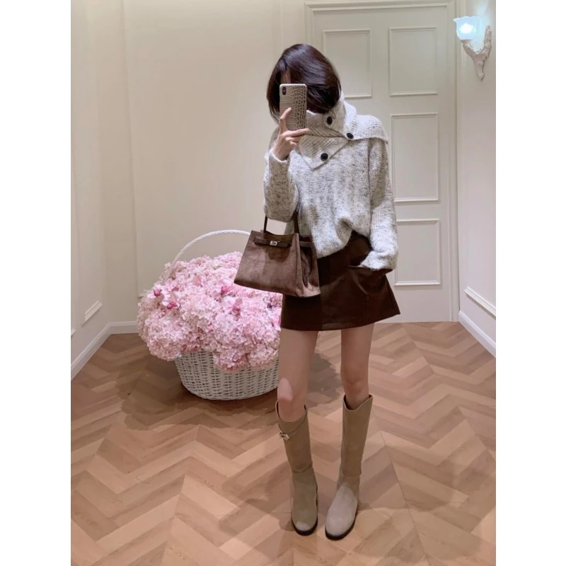 韩系高级感慵懒风高领毛衣女2025秋冬套头可拆围脖高腰直筒半身裙