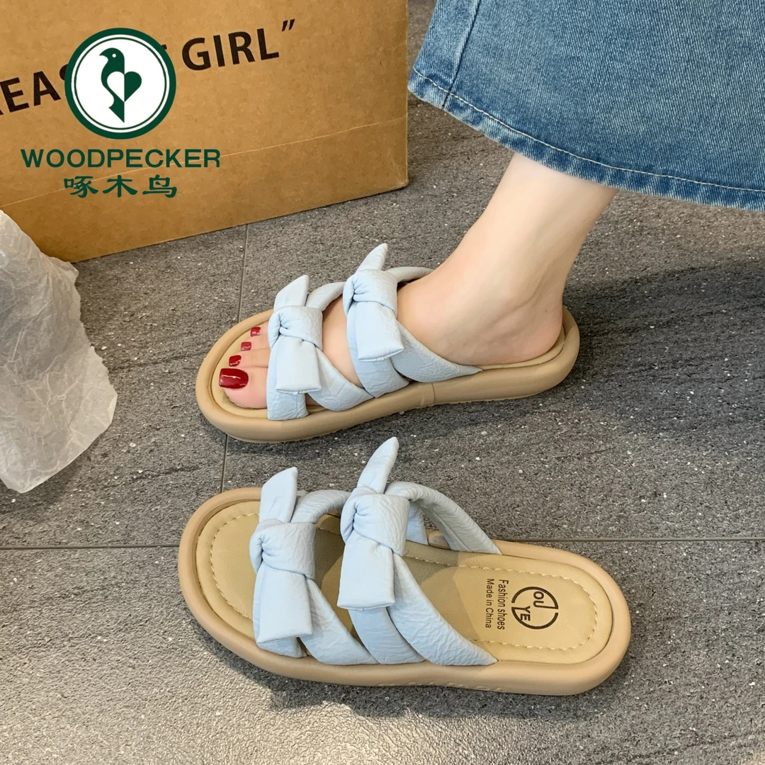 啄木鸟法式厚底凉拖鞋女外穿2025夏季新款百搭仙女风蝴蝶结一字拖