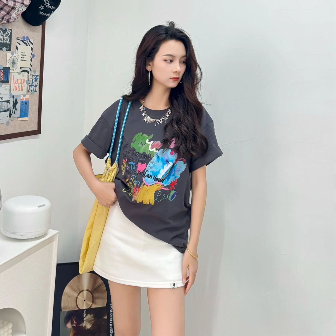 Alba  sueño小众设计彩色印花潮牌短袖t恤女款夏季新款原创上衣女