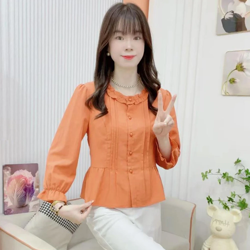 2025秋季新款时尚木耳花边衬衫女洋气遮肚显瘦小个子百搭上衣小衫