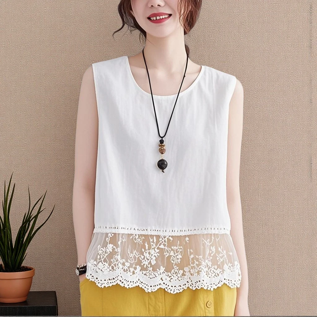 白色无袖纯棉宽松夏日遮肚收腹百搭吊带打底背心时尚蕾丝