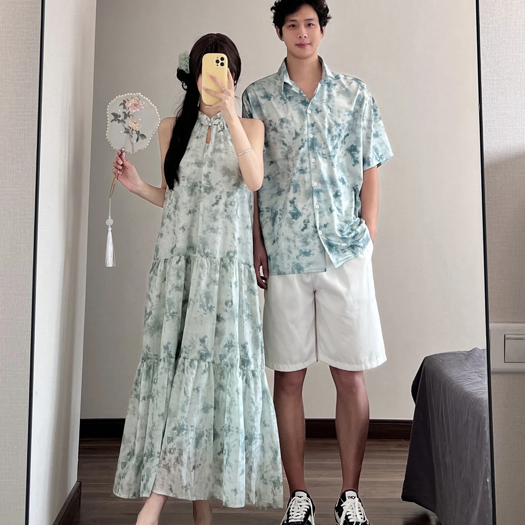 新中式碎花绿色挂脖休闲连衣裙夏季翻领百搭短袖衬衫情侣一衣一裙