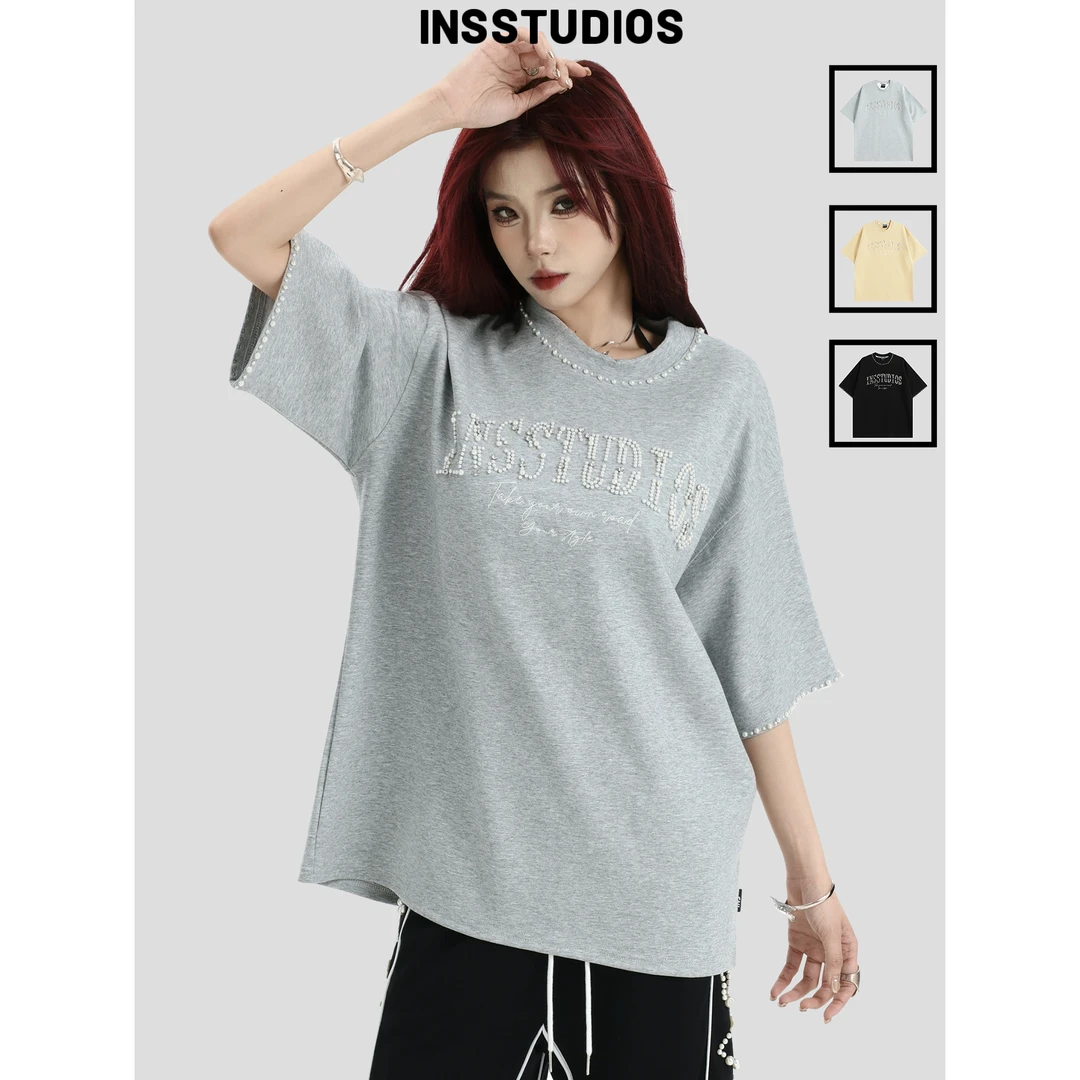 INSstudios国潮牌情侣美式镶嵌珍珠宝石LOGO短袖宽松空气层T恤男