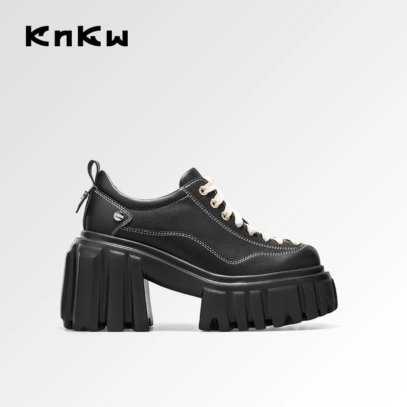 KNKW百搭时尚小皮鞋2025黑色系带增高潮流高跟休闲单鞋W4108040