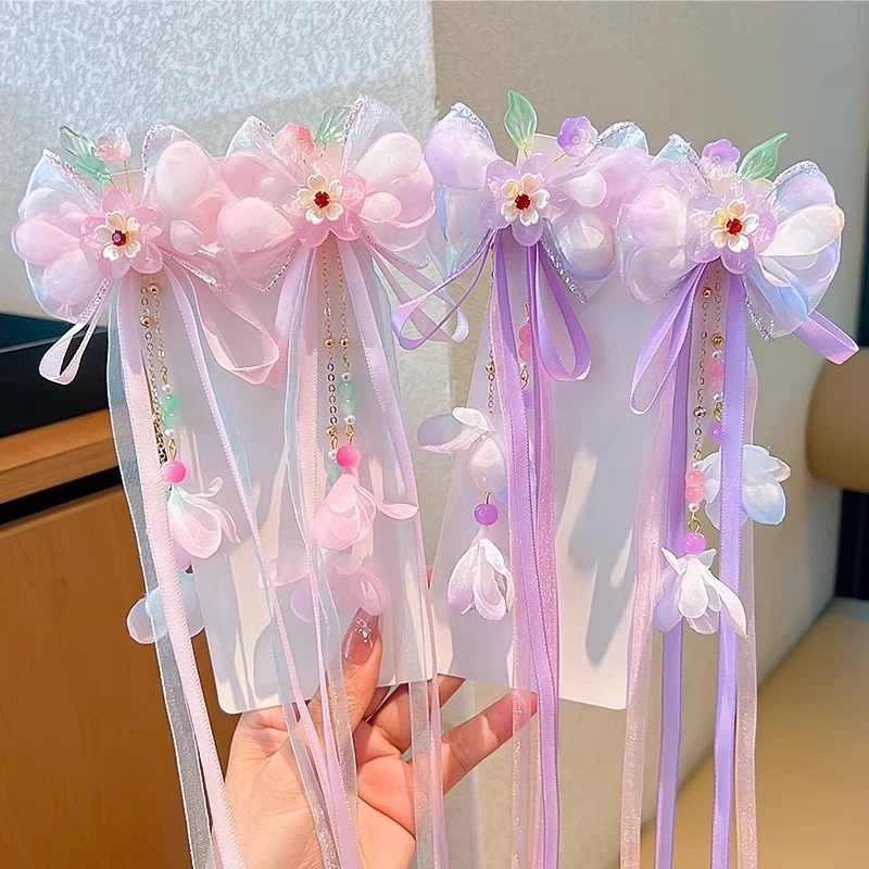 中国风流苏蝴蝶结飘带发夹女童汉服超仙对夹小女孩古风穿搭步摇夹