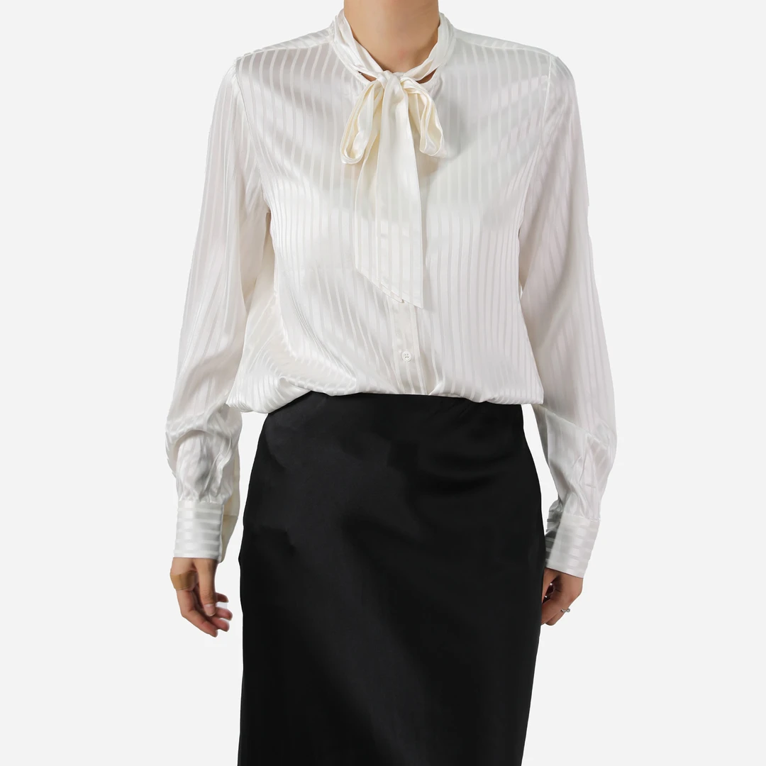 秋木重磅蚕丝时尚干练通勤百搭 飘带领竖条真丝衬衫cy214258